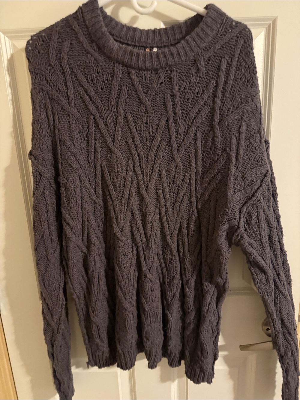 Free People Gray Cable-Knit Crewneck Sweater
